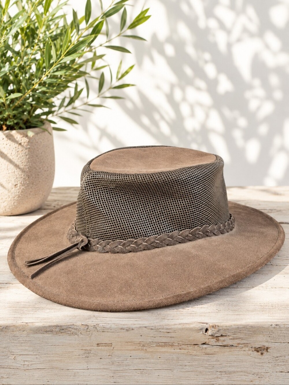 OZHATZ Australian Leather Mesh Outback Hat Brown Large Western Safari
